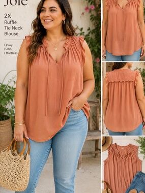 Joie 2X Blush Ruffle Tie Neck Sleeveless Boho Blouse Top